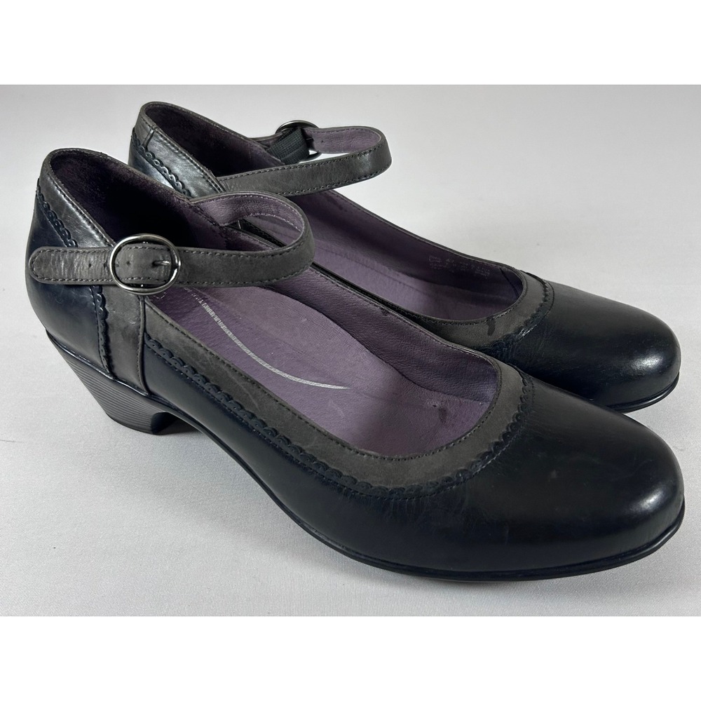 Dansko Mary Jane Shoes Womens 42 Black Gray Leather Comfort Block Heel Strap